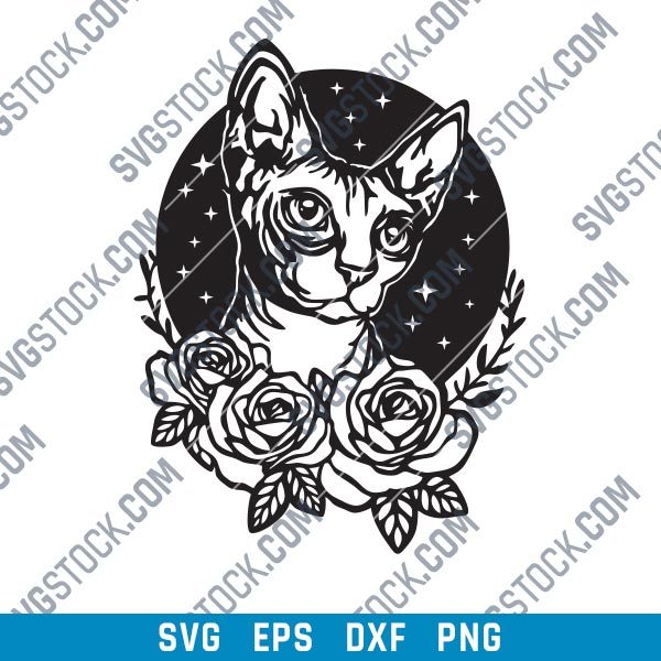 Cat with flowers and stars Design file - SVG DXF EPS PNG