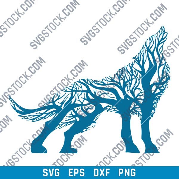 Wolf with tree Vector Design file - SVG DXF EPS PNG