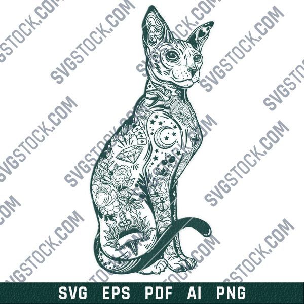 Cute Cat traditional vector design files - DXF SVG EPS PNG