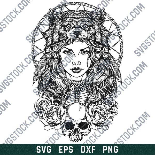 Tribal indian woman wolf design files design files – SVG DXF EPS PNG