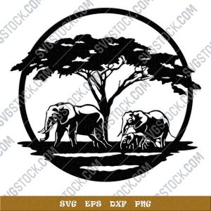 Elephant family walking towards a water - DXF SVG EPS AI CDR