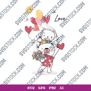 Happy teddy bear holding balloon heart and gift